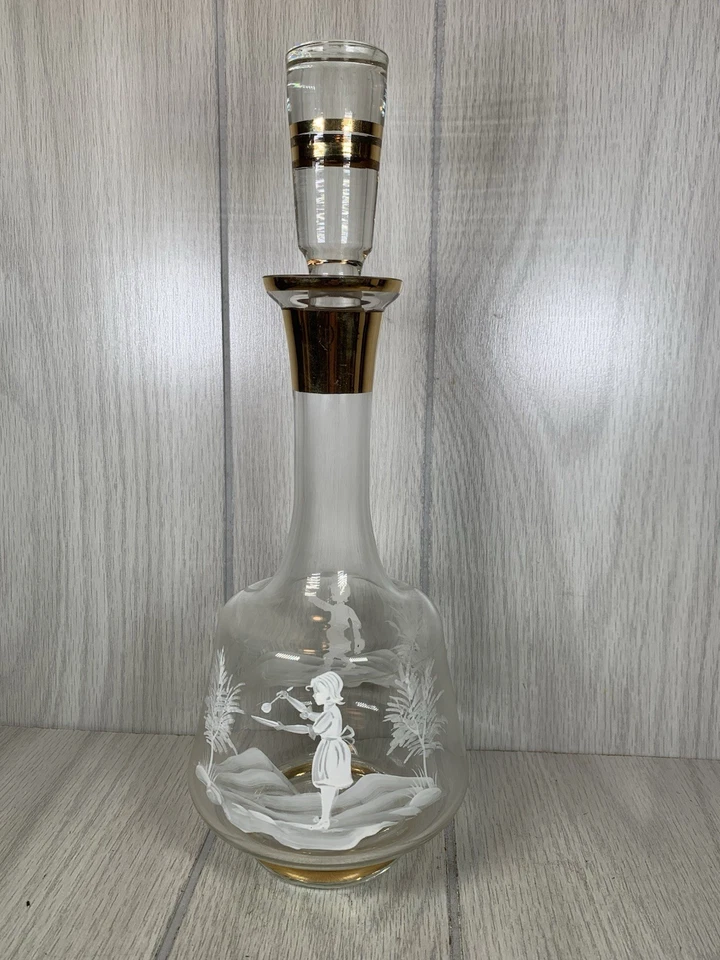 Vtg Czech Bohemia crystal decanter 6 matching glasses Hand Painted Boy Girl Bird - Image 4 of 4