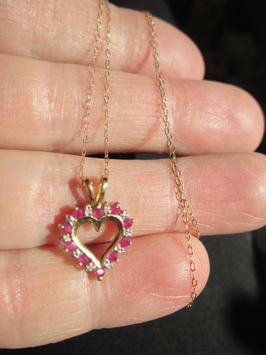 Vintage Ruby Sapphire Diamond Open Heart Pendant Necklace 10K Gold + 9.5" Chain - Picture 5 of 14