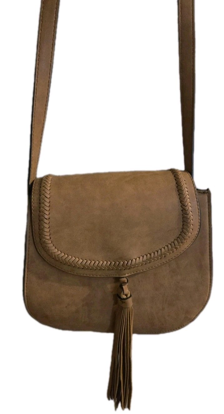 Tan Boho Crossbody Bag Faux Suede, W Fringe Tassel  W/ Adjustable Strap NWOT