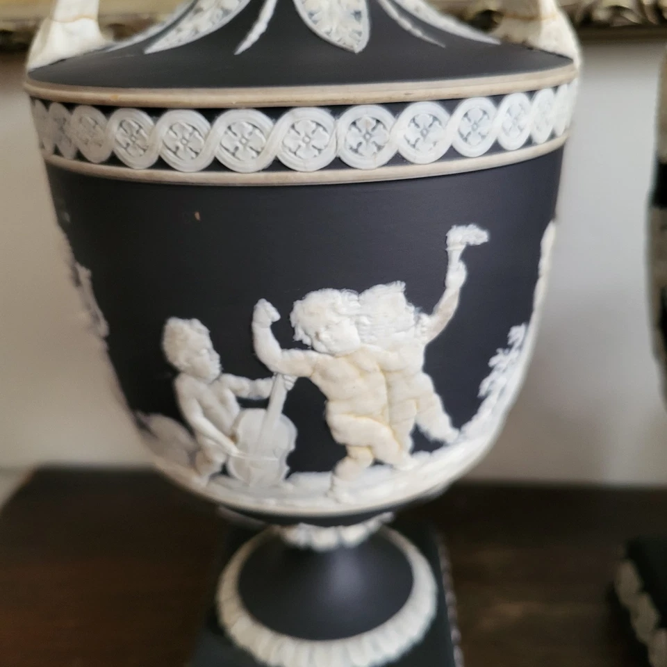 Wedgwood England Jasperware Black Pair Urn Vase - image 4 of 4