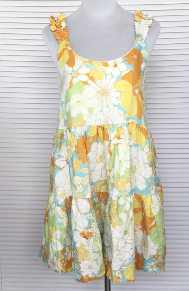 AERE Women’s Mini Dress Size 10 Floral Tiered Sundress 100% Linen Boho Sleeveles