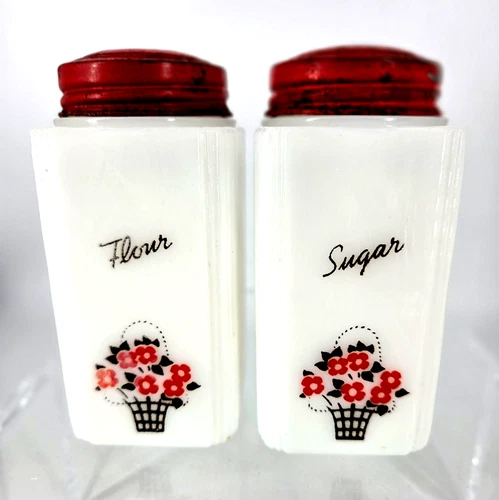 Vintage Tipp USA Art Deco Milk Glass SUGAR and FLOUR SHAKER SET Red White Floral
