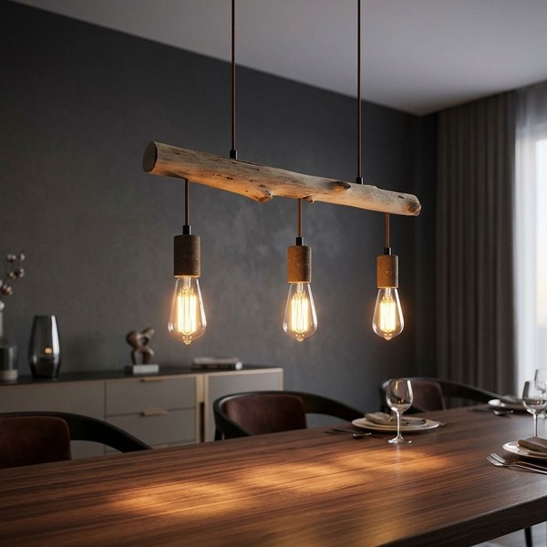 HäNgeleuchte HäNgelampe Holzlampe 3 Flammig Landhaus Natur Rostfarben E27 L 60Cm-image