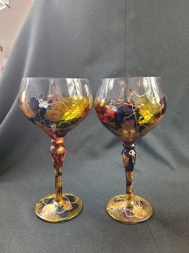 Royal Danube Romania Crystal Wine Glass Stemware Abstract Hand Painted Set/2. G - Picture 2 of 13