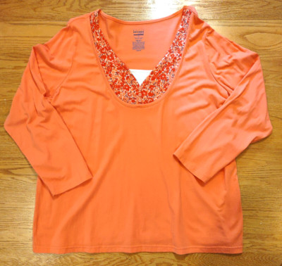 Basic Edition Womens Tunic 2X Long Sleeve Coral V-neck Floral 100% Cotton