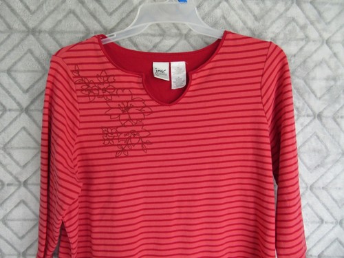 Just My Size Top Size 16 Red Striped Pull Over V Neck 3/4 Sleeve Embroidery Work - Picture 4 of 5