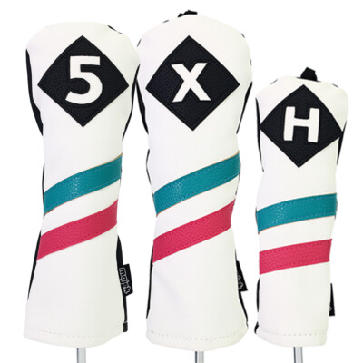 Majek Golf 5 X H Woods Hybrid Headcover White w/ Teal Pink Stripe Leather Style
