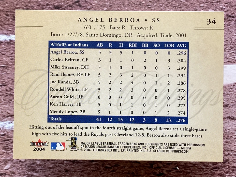 2004 Fleer Classic Clippings Angel Berroa #34 Kansas City Royals - Image 2 of 2