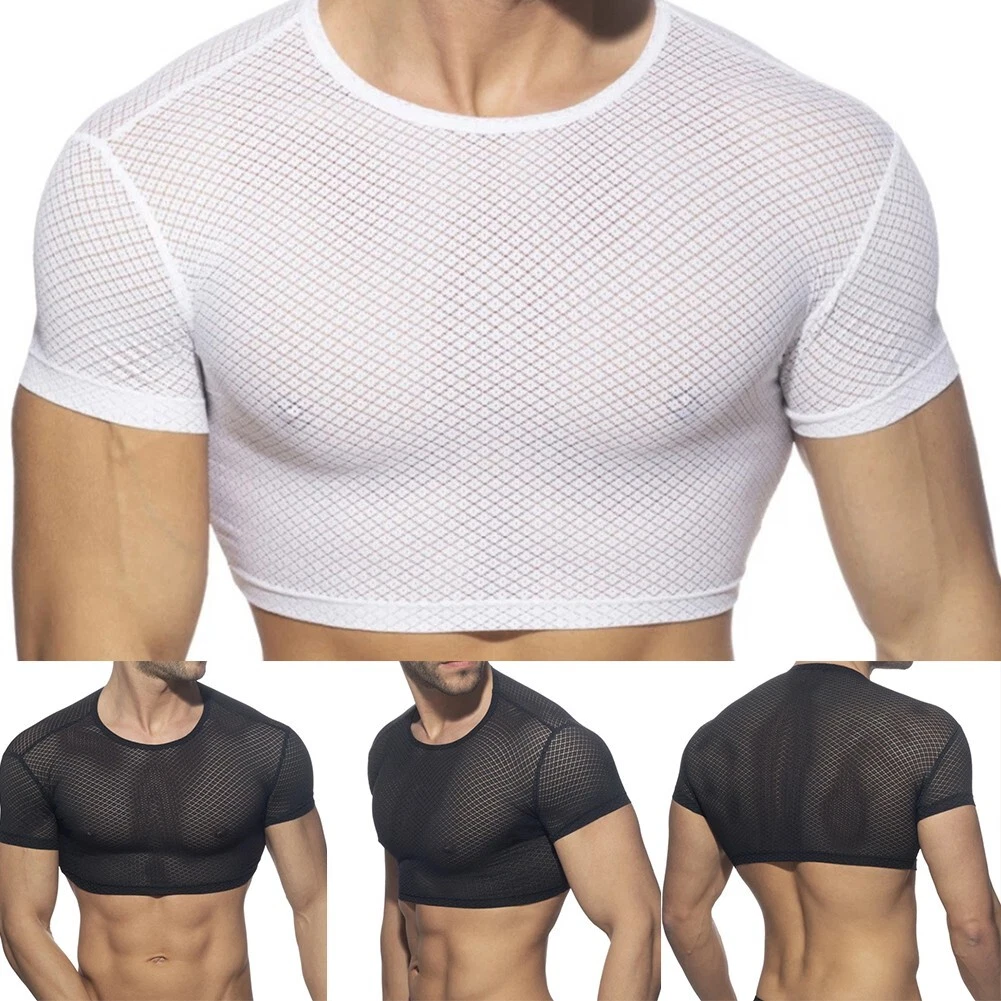 MESHKI T shirt crop top uomo stile classico canotta a rete muscoli Sissy Clubwear