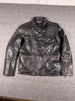 Jack & Jones Core Leather Jacket Mens Large Black Biker Moto Coat Goat Collared