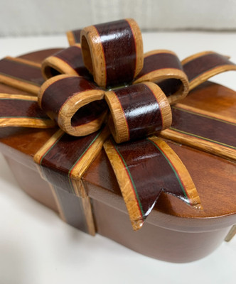Hand Crafted Wood Ribbon Box Inlaid Exotic Bow Box Segmented Artisan Signed 2017