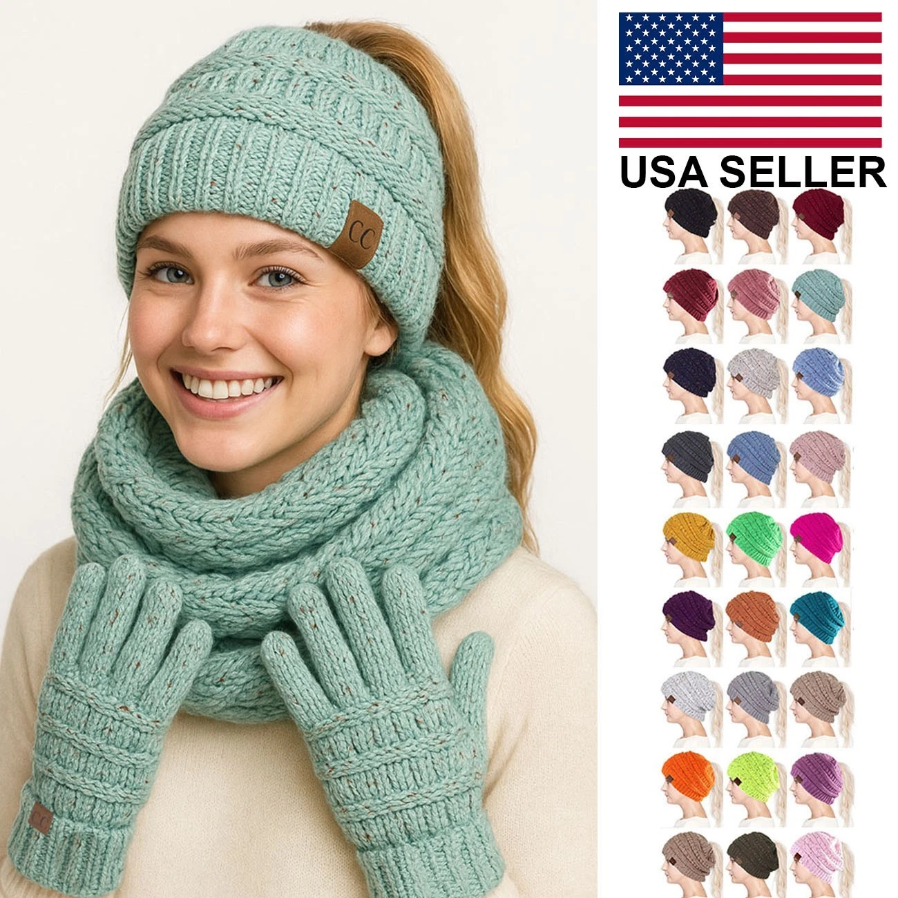 C.C 3pc Confetti Knit Beanie Ponytail Hat Infinity Scarf Touchscreen Gloves Set