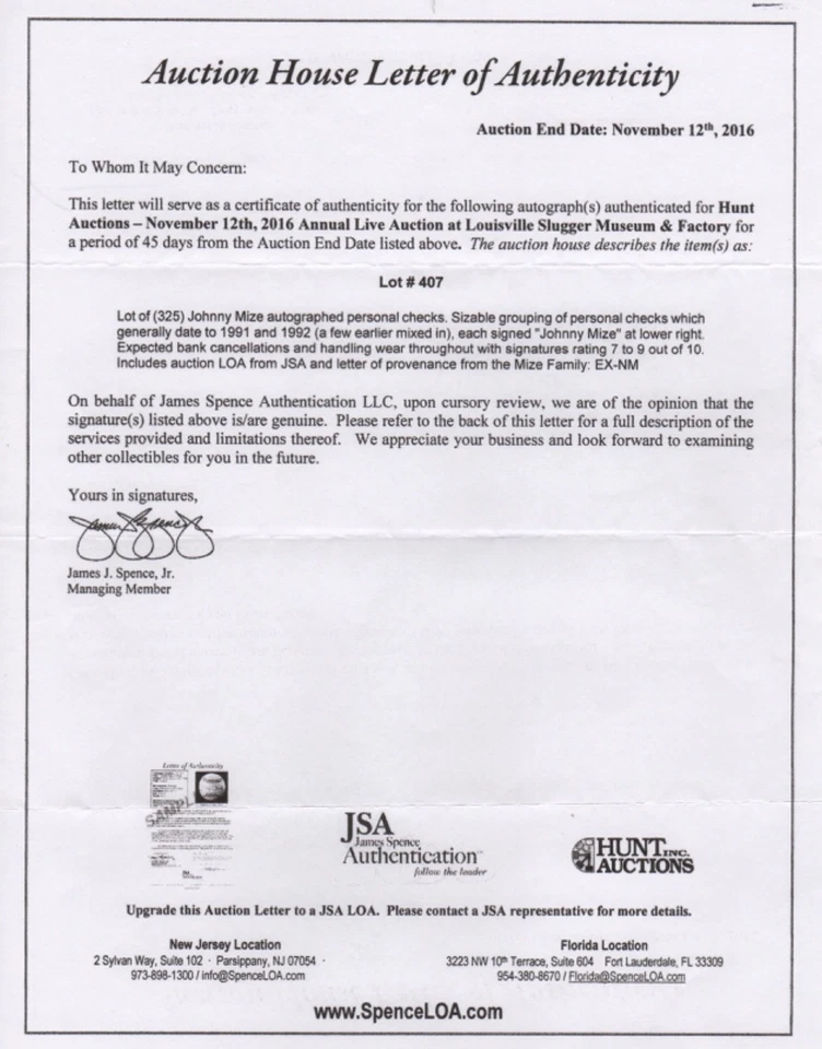 Johnny Mize - Cheque firmado con autógrafo - Salón de la Fama - Cardenales, Yankees, Gigantes Foto 4 de 4