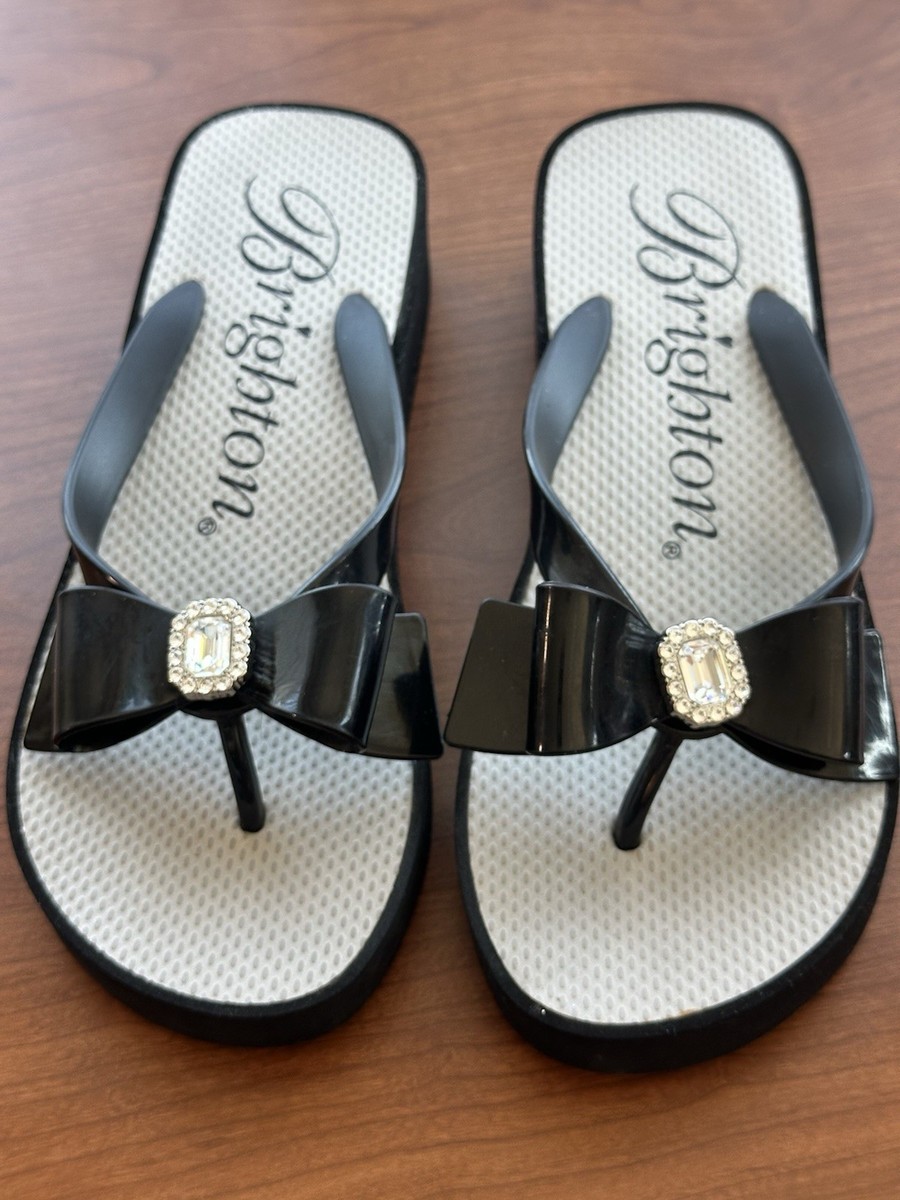 Brighton Bowie Sz Black Silver Rhinestone Bow Thong Wedge Flip Flop Shoes