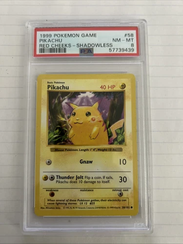 1999 Pokemon Game Pikachu Red Cheeks Shadowless #58 NM-MT PSA 8