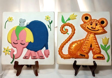 2 Vintage 1960"s Chalkware Nursery Plaques, Tiles 8: x 8", Built in Wall Hangers