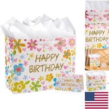 Large Floral Birthday Gift Bag with Card Tissue Paper - 13" x 4.7" x 10.2"