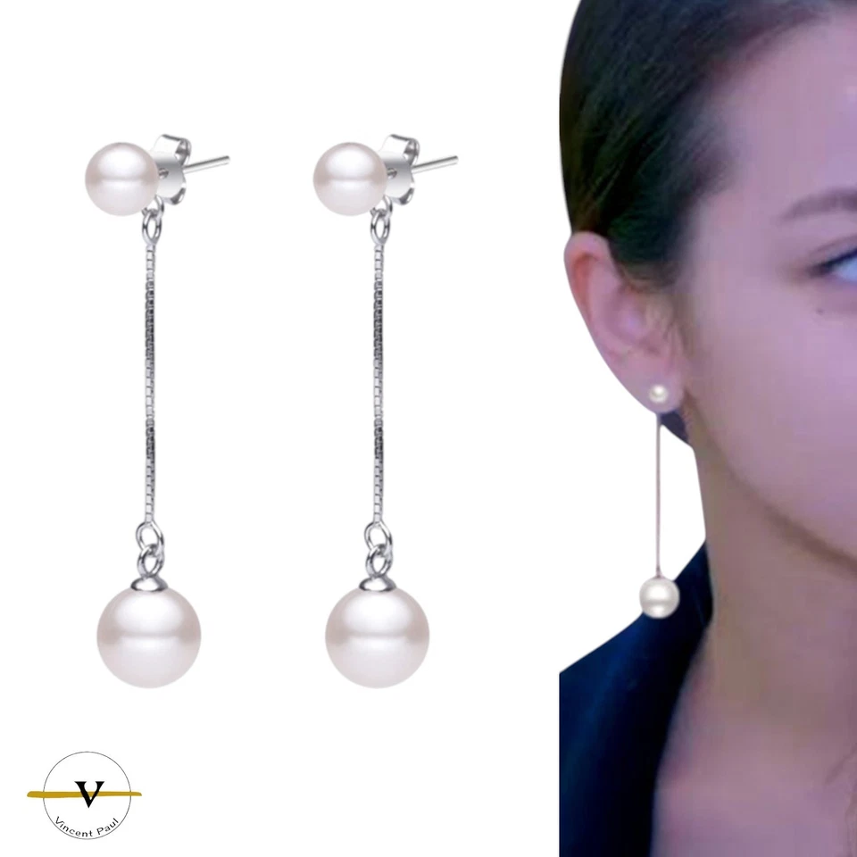 ORECCHINI DONNA ARGENTO 925 RODIATO PENDENTI CON DOPPIA PERLA BIANCA REGALO - Immagine 2 di 4