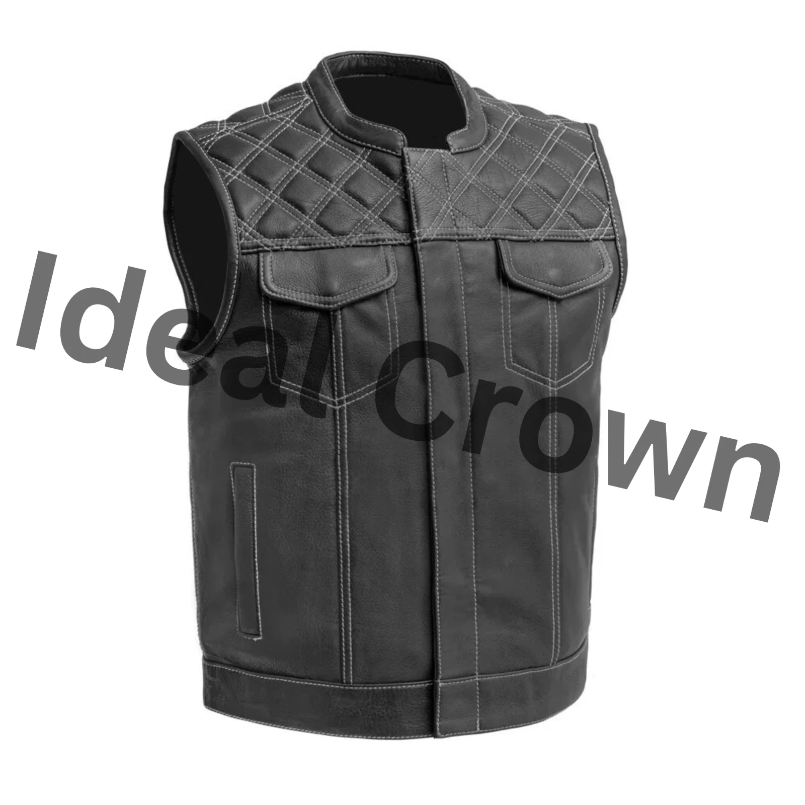 Men’s Real Cow Leather Biker Vest Quilted Panels Contrast Stitch Waistcoat-XS-5X