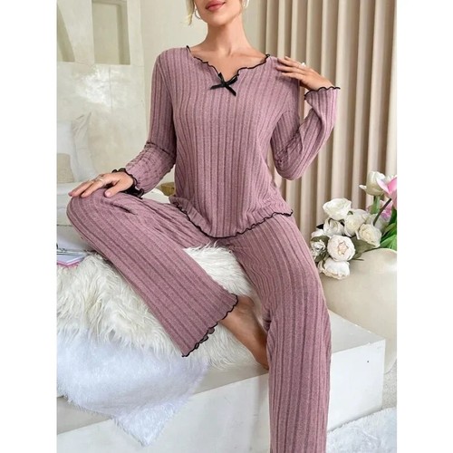 Sleepwear Ribbed Pajamas Set Long Sleeve Top and Long Pants 2 Piece Set Casual - Picture 4 of 28
