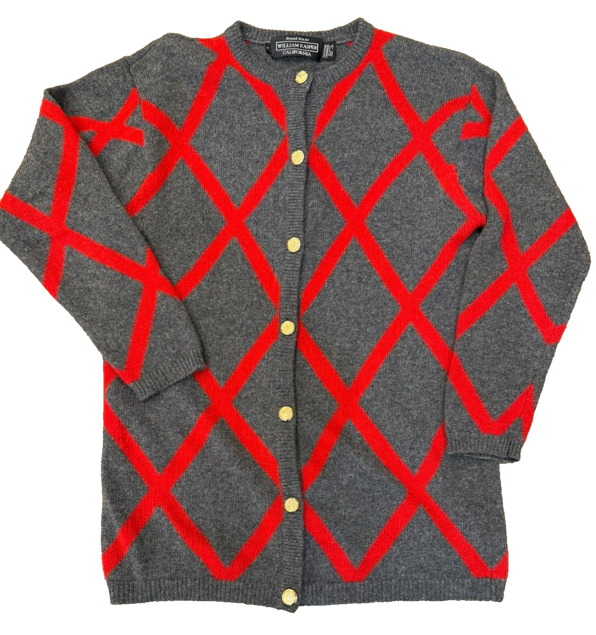 Cárdigan para mujer William Kasper 100 % cachemir gris rojo botón delantero talla grande-image
