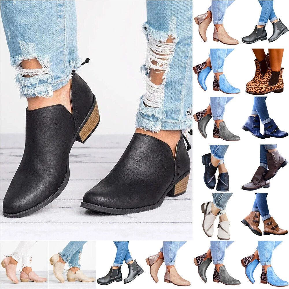 Womans Ankle Boots Flat Low Block Heel Chelsea Ladies Chunky Bootie Shoes Size
