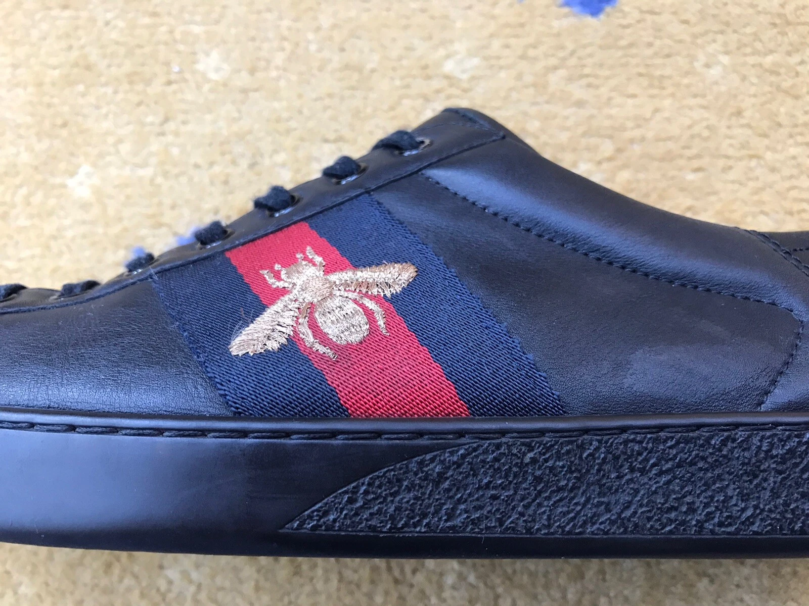 Gucci Ace Baskets Chaussures Cuir Noir Toile d'Abeille Bleu Homme UK 9 US 10 43