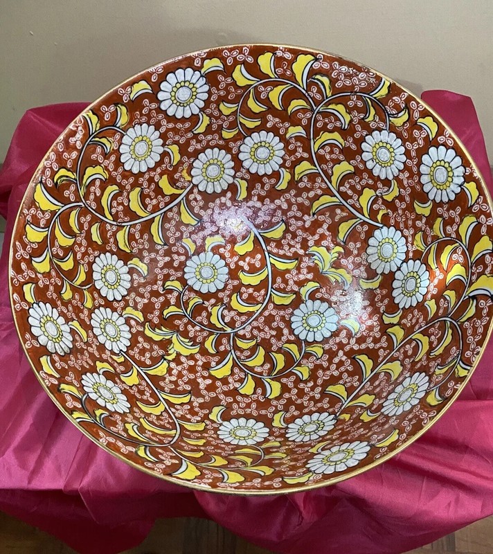 Vintage Japanese porcelain Large bowl Hand Painted 12”x 6” muiltycolor Flower.