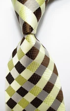 New Classic Checks Brown Light Yellow JACQUARD WOVEN Silk Men's Tie Necktie