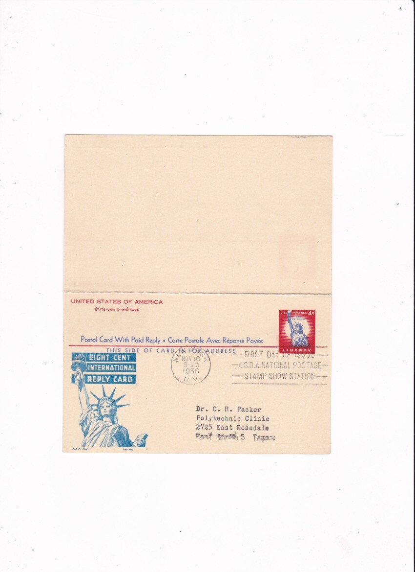 VTG. ASDA POSTAGE STAMP SHOW 1956 NEW YORK POSTAL REPLY CARD FDC STATUE