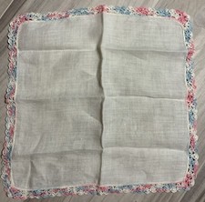 Vtg White Cotton Hankie with Fancy Crocheted Scalloped Edge Pink Blue 11x11