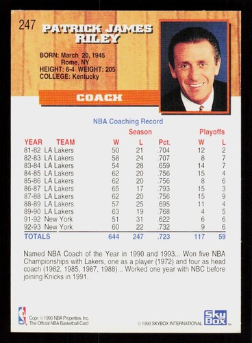 1993 Hoops Pat Riley #247 Basketball New York Knicks CO - Picture 2 of 2