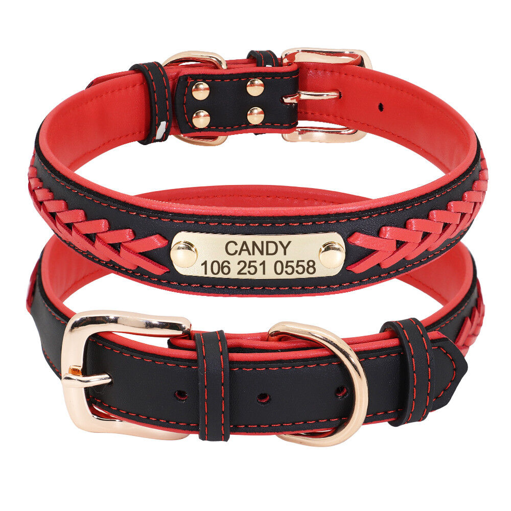 Personalised Braided Leather Dog Collars Soft Padded Pet Name ID