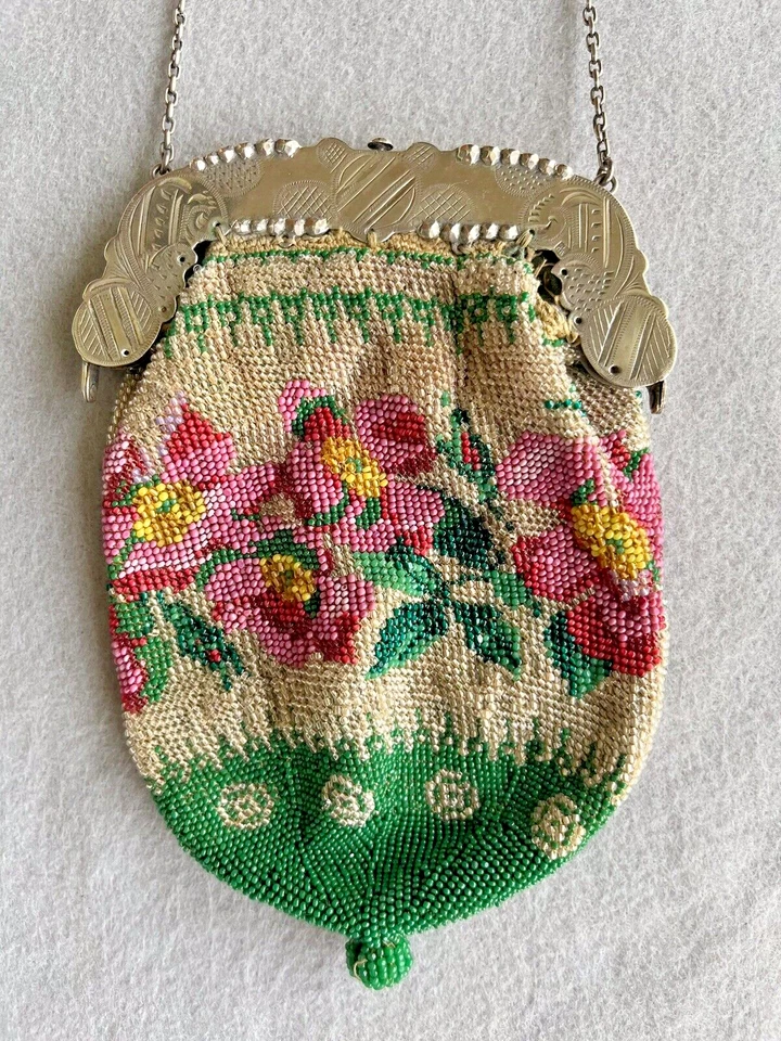Vintage Victorian Micro-Beaded Floral Purse with Ornate Silver Frame - Image 2 of 4