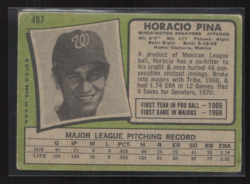 1971 Topps #497 Horacio Pina - w bardzo dobrym stanie zestaw przerwa! RC - Zdjęcie 2 z 2