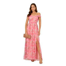 Adrianna Papell Pink Floral Off the Shoulder Evening Dress Size 8