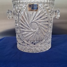 Hand-Cut Lead Crystal Cut Glass Ice Bucket, Clear Round Starburst Base Handles