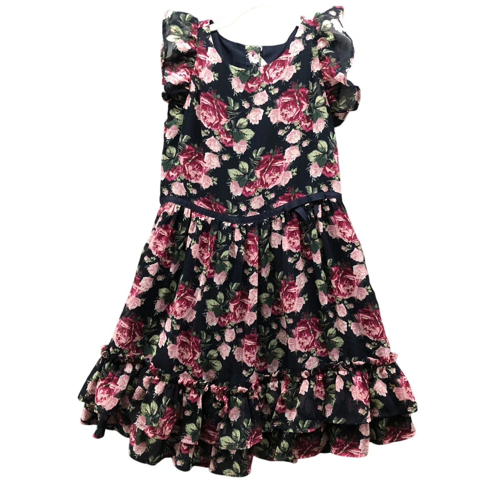 Janie & Jack Floral Chiffon Dress Girls Size 8 Blue Pink Ruffle Sleeveless