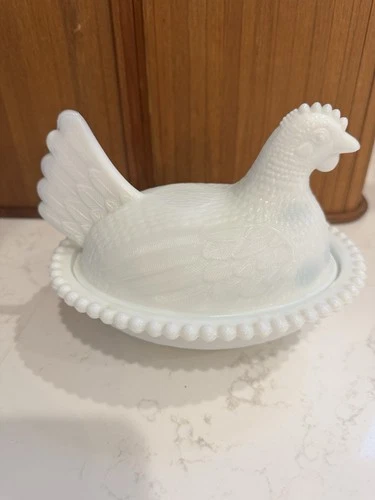 Vintage Indiana Milk Glass Hen On A Nest Candy Dish, 7”  *see Details*