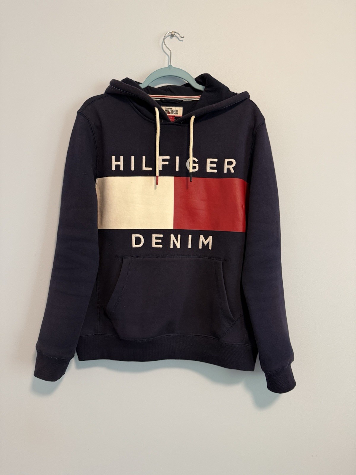 Tommy Hilfiger Men’s Navy Blue Logo Denim Hoodie Sweatshirt Size M