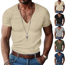 Men Slim Fit Shirts Deep V-Neck short sleeved Casual summer T-Shirt