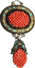 Antique Chinese Kingfisher Feathers Coral silver art pendant as is needs fix #2