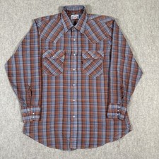 VTG Levis Big E Western Shirt Large Orange Blue Plaid Silver Thread Pearl Snap