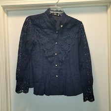DARK BLUE Victorian-style lace trim shirt blouse With Pearly Buttons M