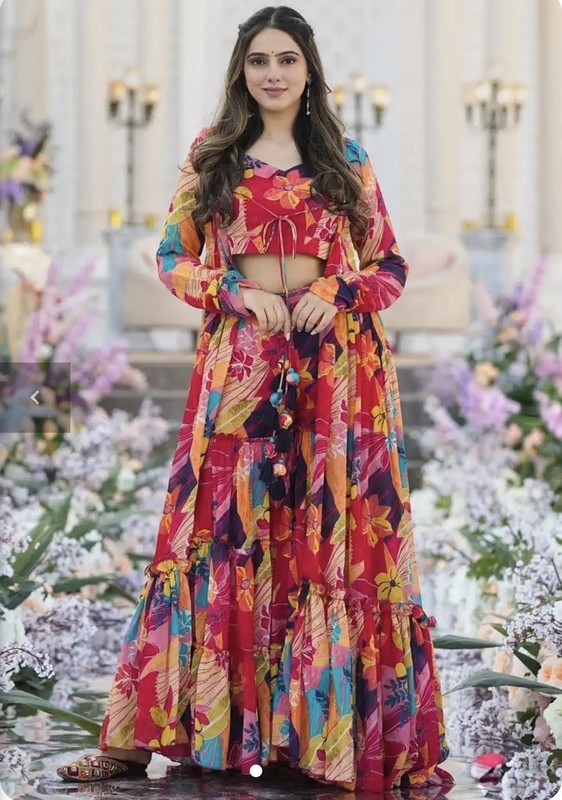 Desi Multicolor Chinon Jacket Style Suit Party Wear Women's