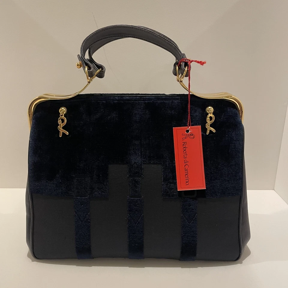 Bolso de Mano Vintage Roberta Di Camerino Carabela Azul Marino Terciopelo Italia Foto 2 de 4