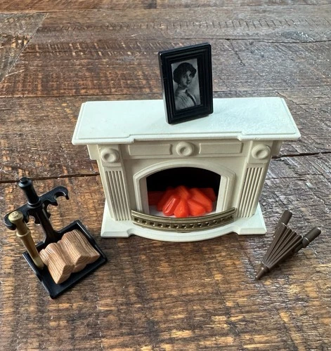 VTG 1980s Playmobil Victorian Fireplace, Picture, Bellow w Fire Set, Poker, Wood