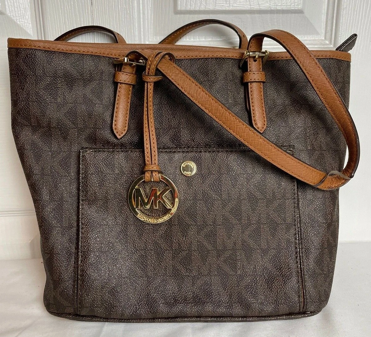 Michael Kors Jet Set Top-Zip Saffiano Leather Tote in Luggage