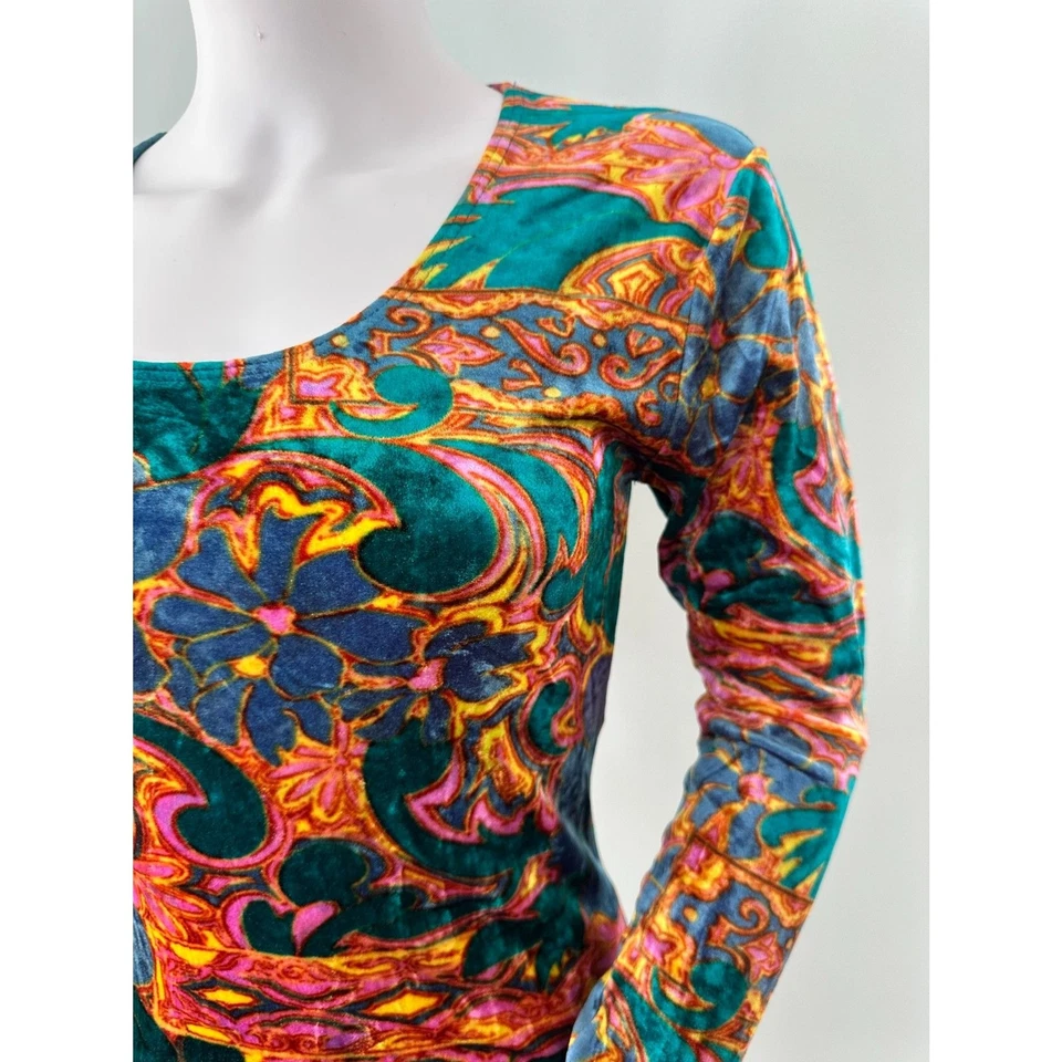 Camisa Top Vintage Años 90 Perspectiva Terciopelo Floral Capricho Manga Larga Talla L Foto 4 de 4