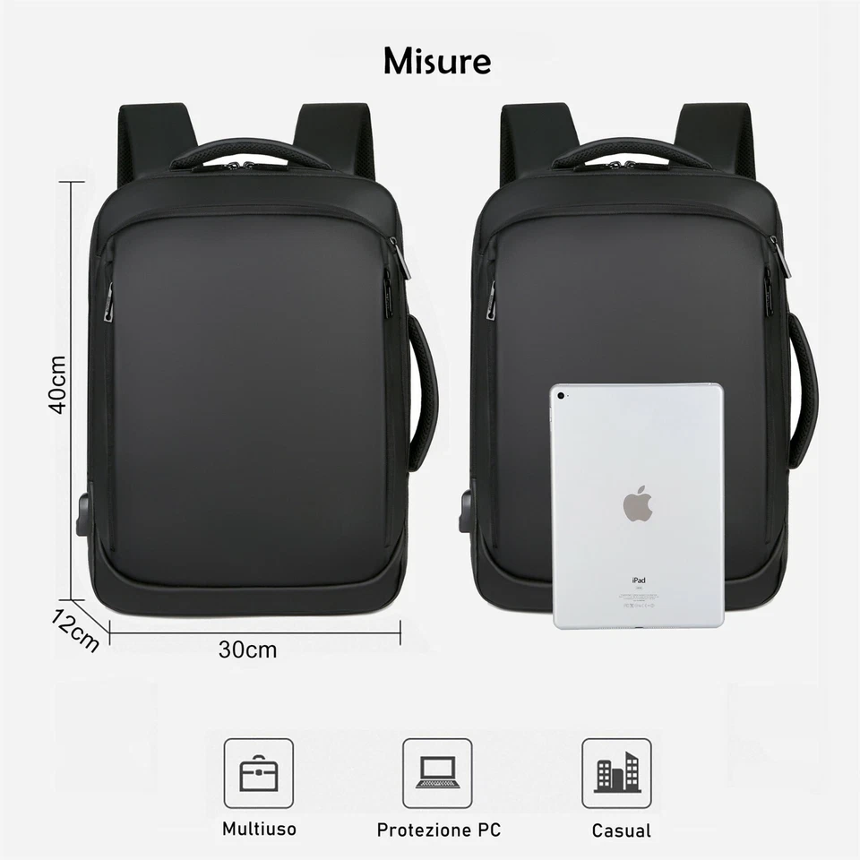 Zaino Porta PC per Uomo Borsa Laptop Computer impermeabile con ricarica USB Z11N - Immagine 3 di 4